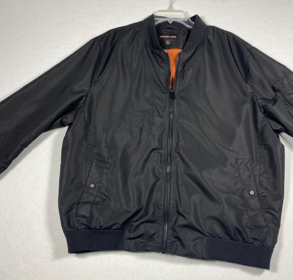Michael Kors Men's XXL Black Bomber Jacket Orange Mesh Lined Full Zip MK Logo